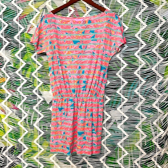 Lilly Pulitzer Dresses & Skirts - Lilly Pulitzer XS Carmine Pink Tropical Stripe Batwing Cinched Waist Mini Dress